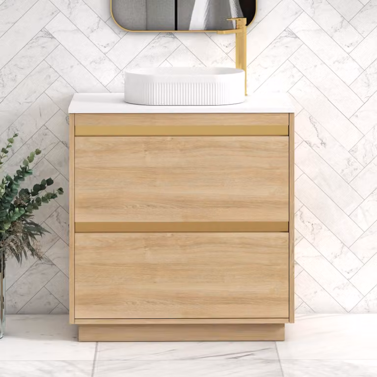 Royal Bathrooms Orion 800mm Natural Oak Floor Standing 2 Drawer Vanity Unit with Lyon Basin and Brushed Brass Accent Trim