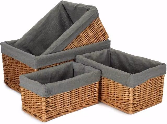 Red Hamper Set of 4 Double Steamed Willow Storage Baskets with Grey Cotton Linings and Handles