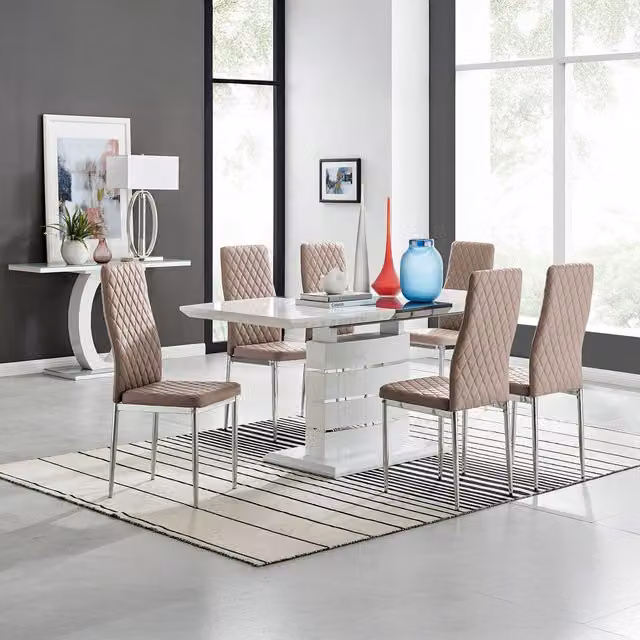 FurnitureboxUK Renato High Gloss Extending Kitchen Dining Table and 6 Milan Chairs in Cappuccino
