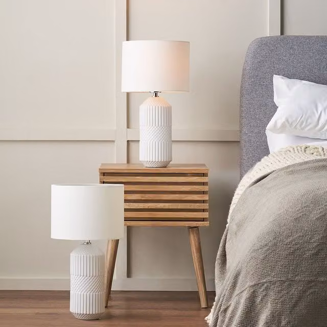 Ruma Meribel Set of 2 White Geo Textured Tall Ceramic Table Lamps