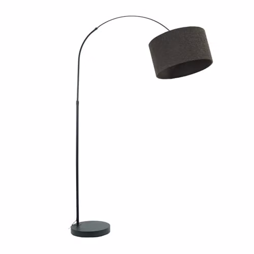 ValueLights Louis Black Metal Arched Floor Lamp with Grey Fabric Shade, H 180 x W 105 x D 45 cm
