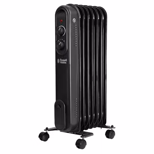 Russell Hobbs 1500W Black Oil Filled Radiator with Thermostat, Overheat and Tilt Protection