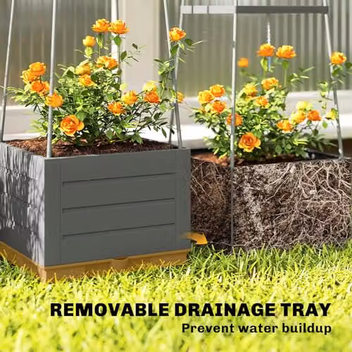 Outsunny 2 Pack Grey Raised Garden Beds with Trellis and Removable Drainage Trays, W/D/H: 28 x 28 x 140 cm – 3