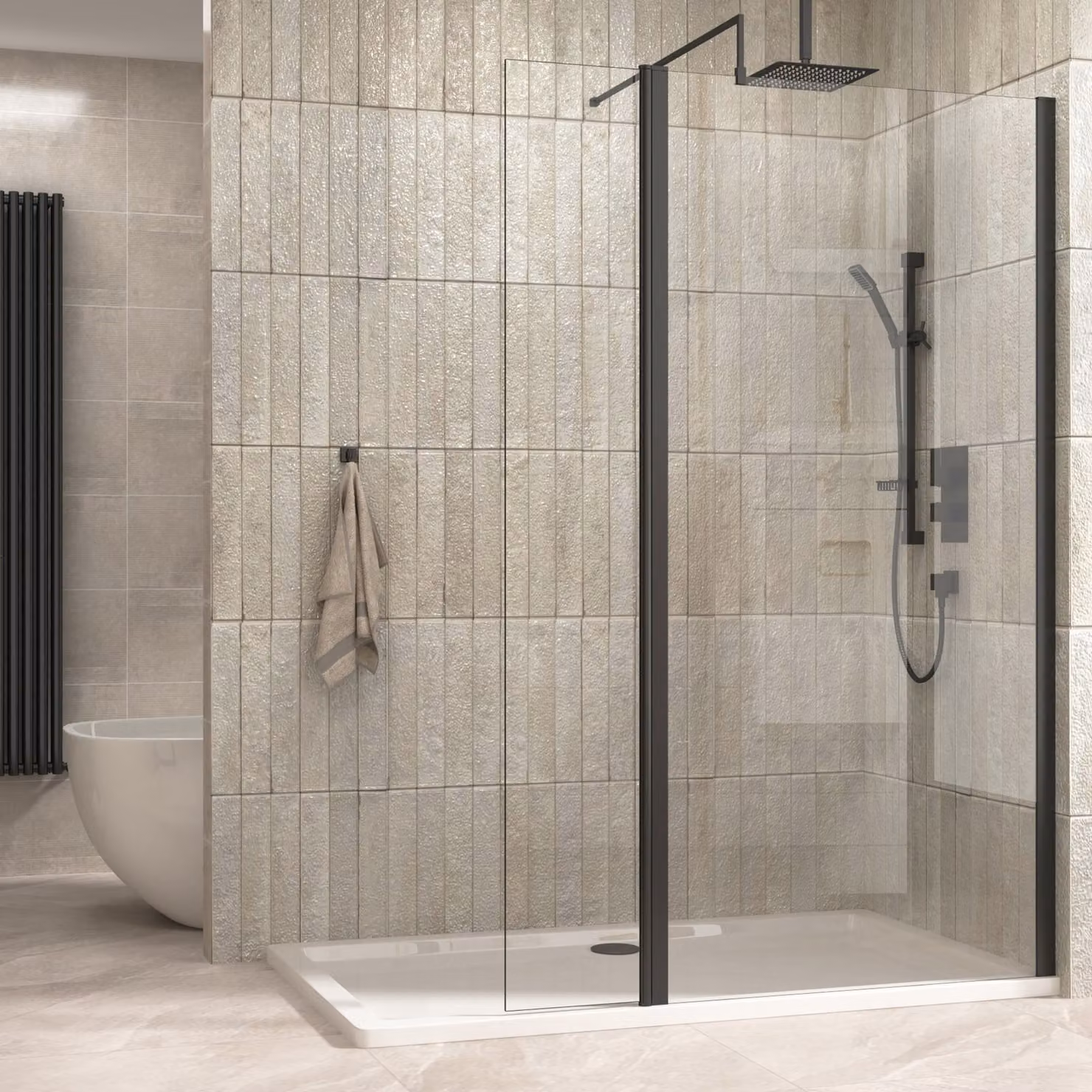Royal Bathrooms Marbella Matt Black Wet Room Flipper Panel for Shower Screen, 8mm Easy Clean Glass, W: 30 cm, H: 185 cm