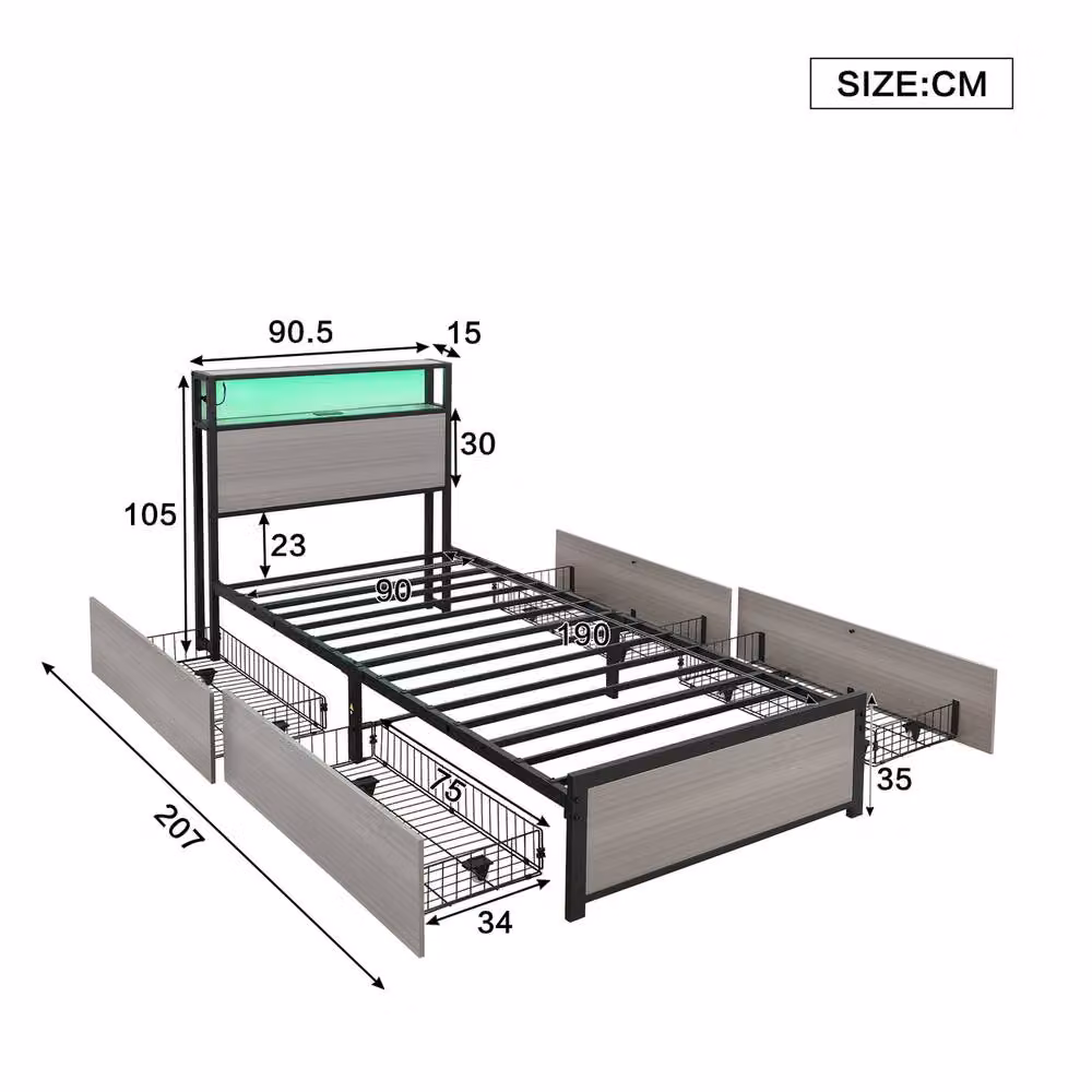 Rolipo Grey Metal Single Bed Frame with LED Lights, USB Charging Port and 4 Drawers, W/D/H: 90 x 190 cm – 7