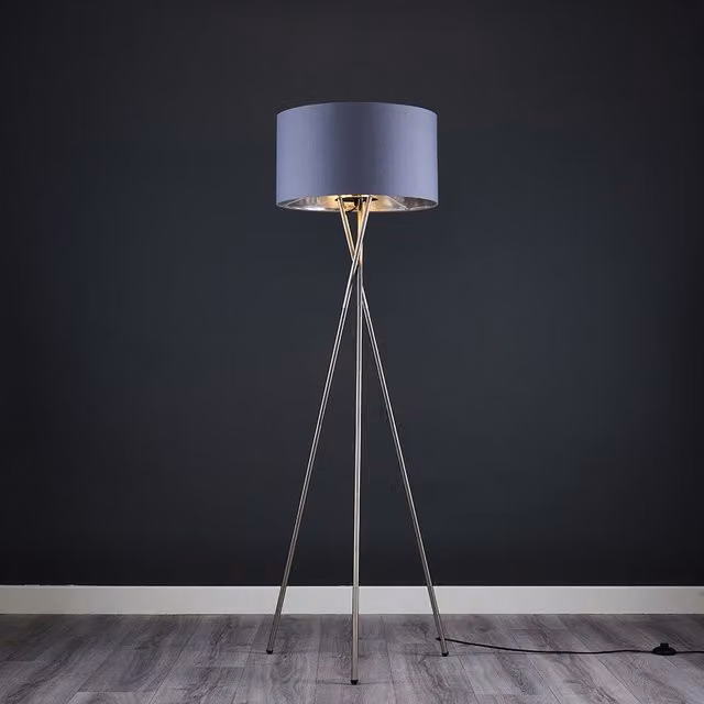 ValueLights Camden Tripod Floor Lamp in Brushed Chrome with Gold Metallic Inner Shade