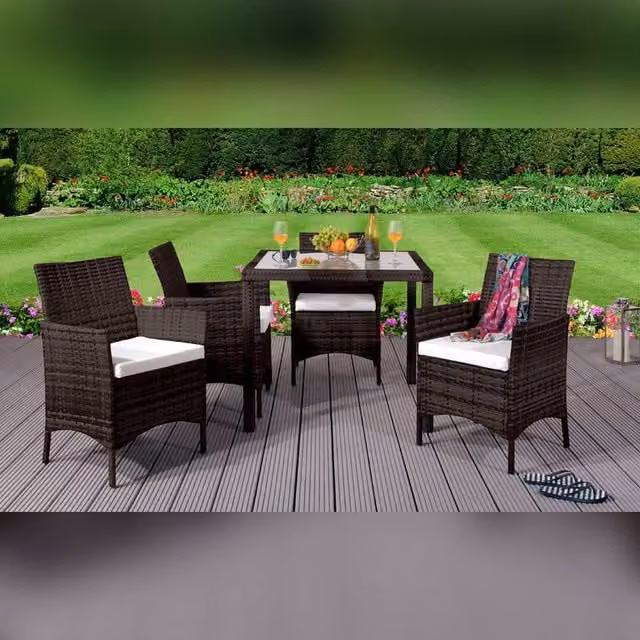 Comfy Living Ltd 5 Piece Brown Rattan Outdoor Garden Dining Set with Glass Top