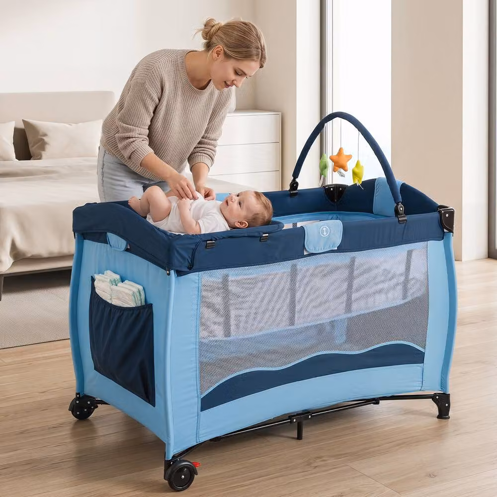 Gymax Folding Playpen in Blue with Diaper Changing Table, 2 Lockable Wheels and 3 Hanging Toys – 3