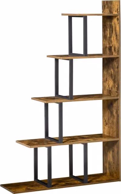 HOMCOM 5-Tier Wooden Ladder Bookshelf Display Stand in Rustic Brown – 1