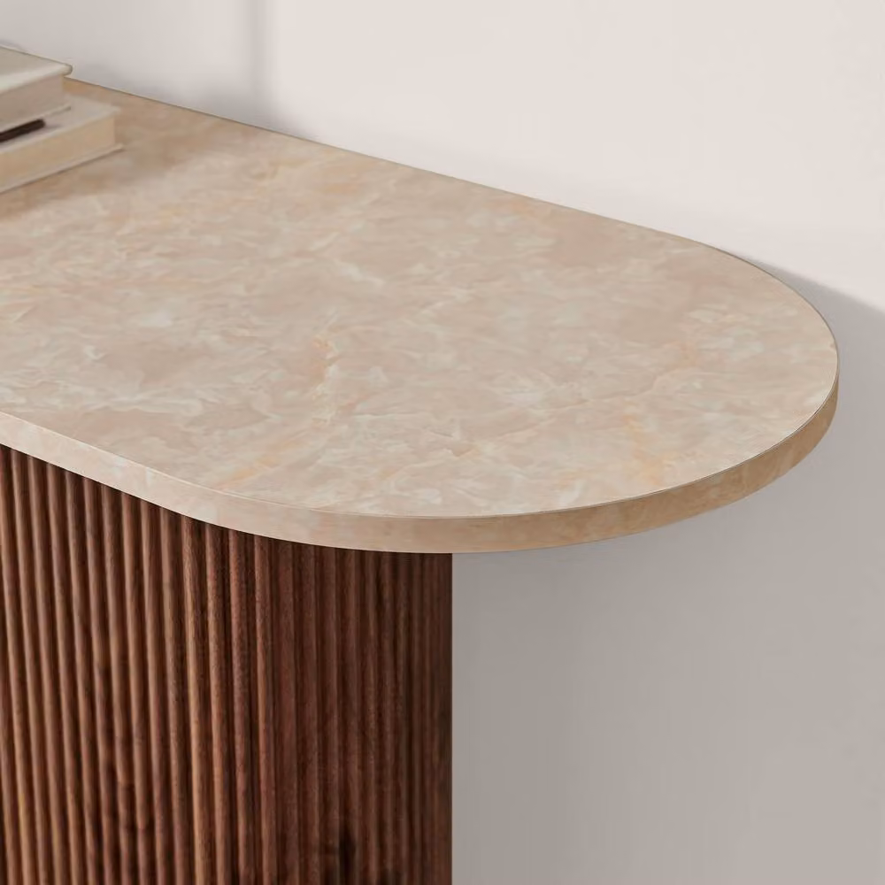 FurnitureboxUK Penrose Rounded Walnut Wood and Marble Effect Console Table in Brown – 2