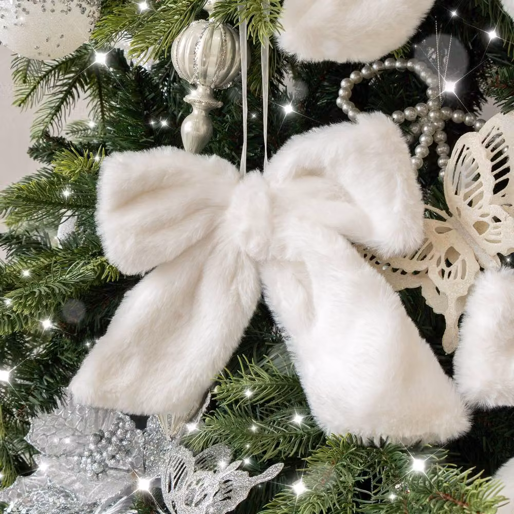 Melody Maison Set of 3 White Fur Christmas Bow Hanging Decorations, Height: 19 cm – 2