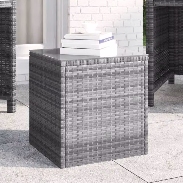 Berkfield Home Grey Poly Rattan and Tempered Glass Side Table W/D/H: 40 x 37 x 40.5 cm – 1