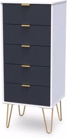 Welcome Linear 5 Drawer Tall Narrow Chest of Drawers in Grey and Gold