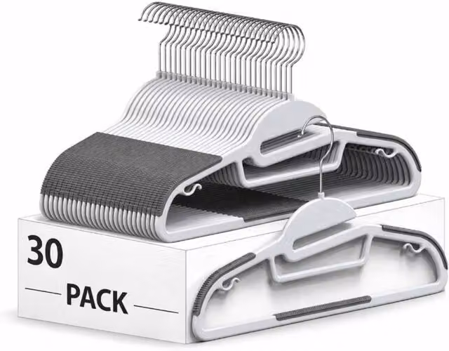 Dyzi 30 Pack White Non-Slip Plastic Coat Hangers with Contoured Shoulders
