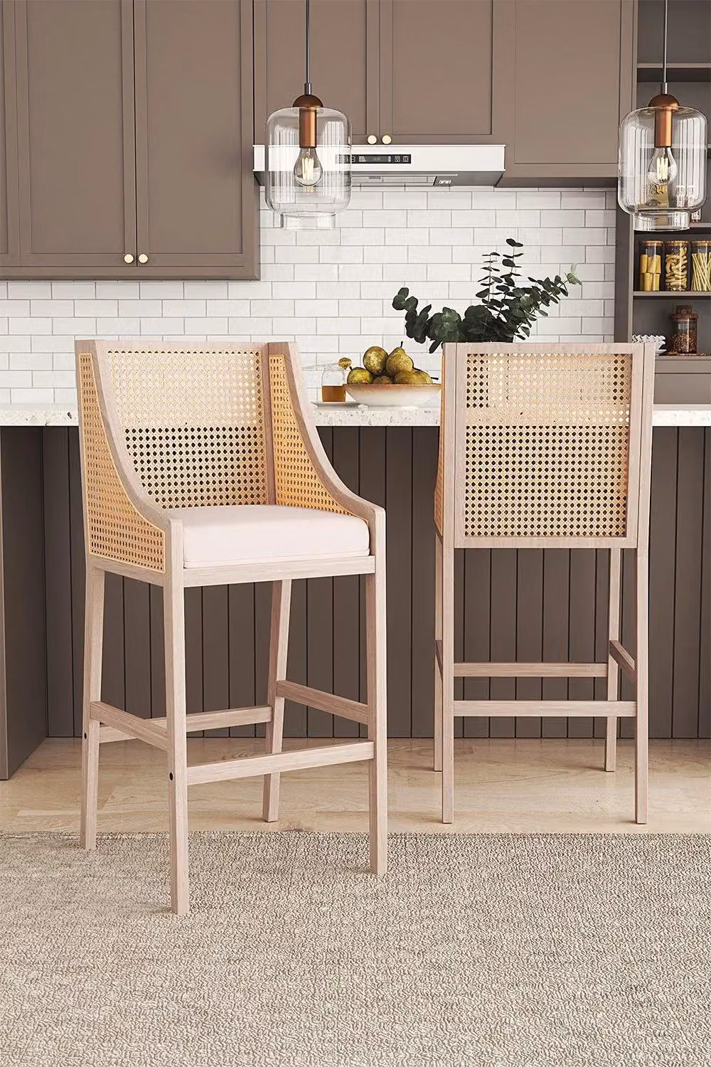 H&O Direct Set of 2 Beige Rattan Bar Stools with Backrests and Armrests – 2