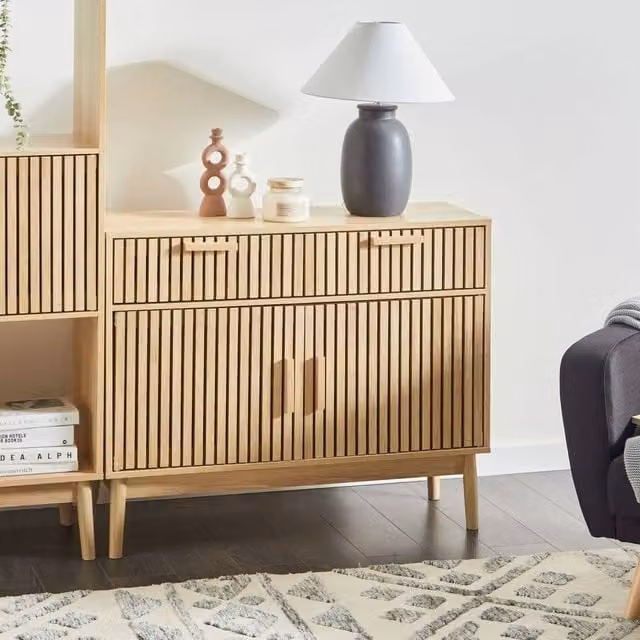 Wyld and Coco Brown Engineered Wood Sideboard with Two Drawers and Ribbed Doors