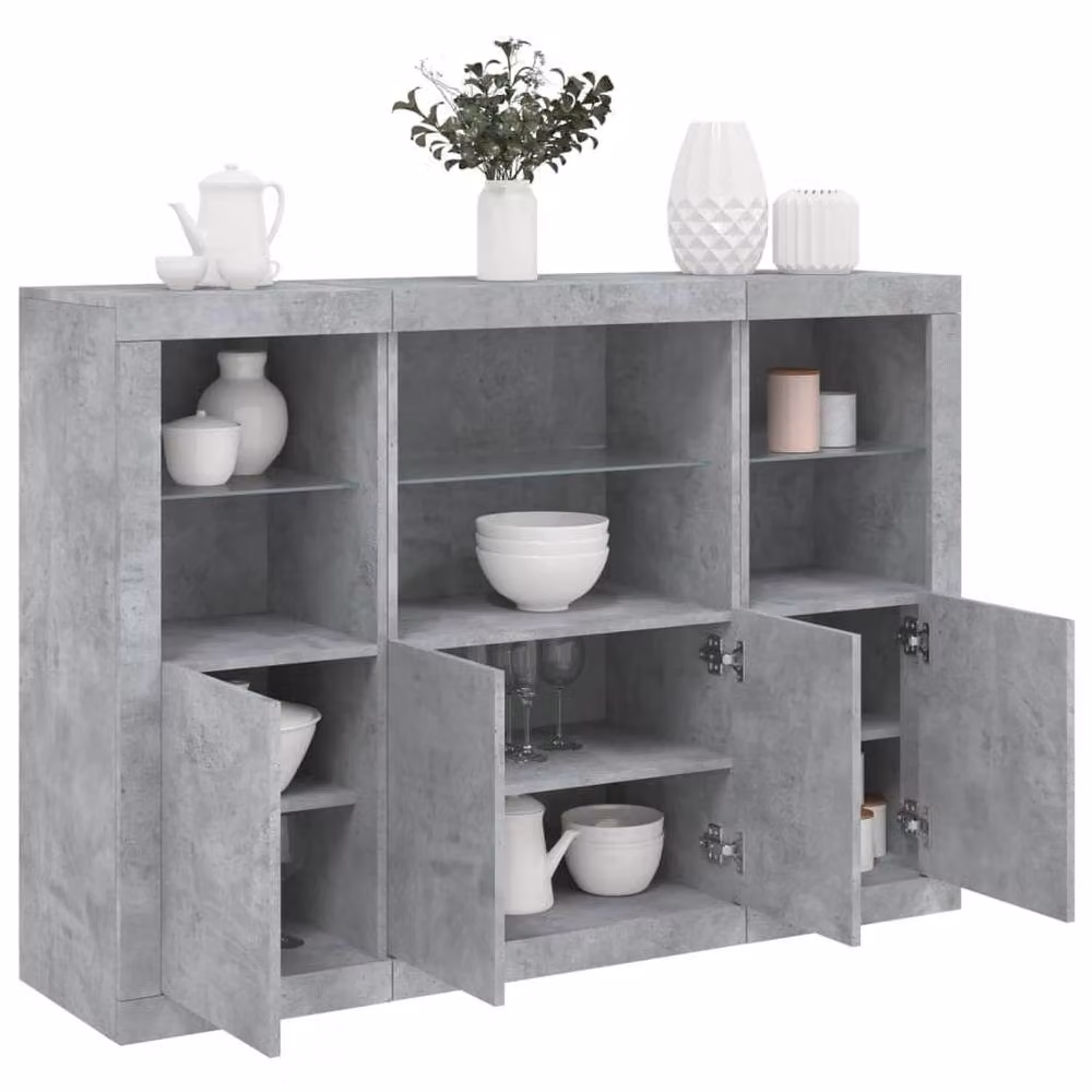 Berkfield Home 3-Piece Sideboard Set with Integrated LED Lighting in Concrete Grey Matt Engineered Wood and Glass – 2