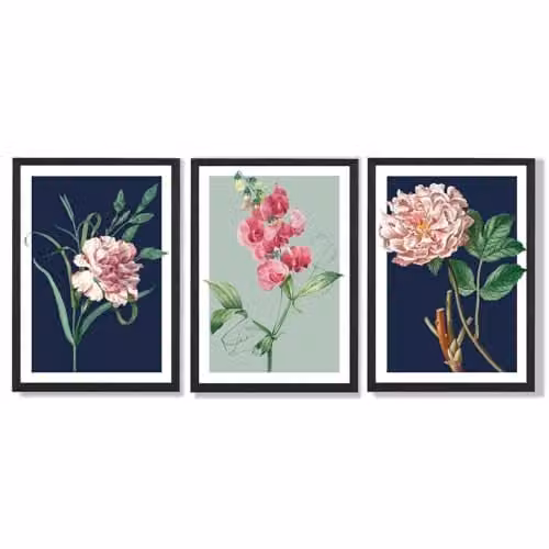 ARTZE Set of 3 Vintage Floral Wall Art in Navy Blue and Sage Green with Black Frames, W: 33 cm, H: 45 cm, D: 2 cm – 1