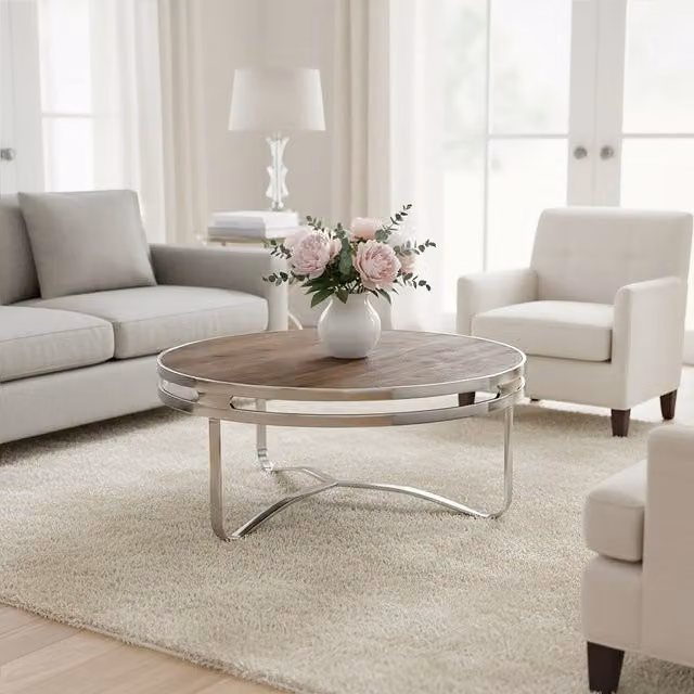 Fifty Five South Round Pine Wood and Metal Coffee Table in Brown and Silver