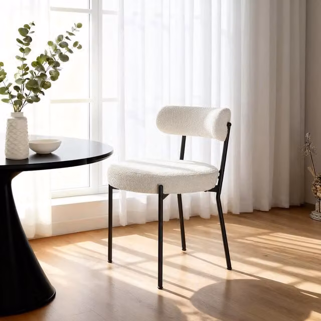 Home Garden Direct Set of 2 Lulu Teddy Bouclé Fabric Dining Chairs in Beige and White