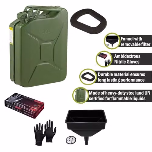 PDL Pegdev 20L Professional Heavy Duty Green Jerry Can with Funnel, Replacement Seal and Nitrile Gloves, UN Certified for Flammable Liquids – 2