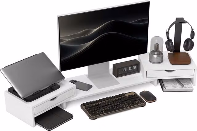 HOMCOM Dual Monitor Stand Riser with 2 Drawers, Adjustable Length and Angle, White – 1