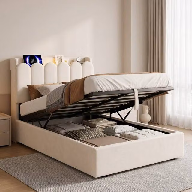 STILVORA Single Ottoman Bed Frame with Storage, USB Charging Port, LED Lighting and Bedside Shelf, Beige Velvet Fabric, W/D/H: 90 x 190 x 91.44 cm