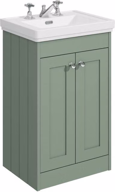 Balterley 500mm Floor Standing 2 Door Bathroom Unit with 3 Tap Hole Basin in Satin Green