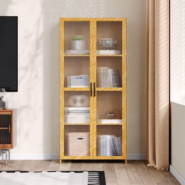 Livingandhome Modern Narrow Storage Cabinet with Transparent Glass Doors in Brown and Wood