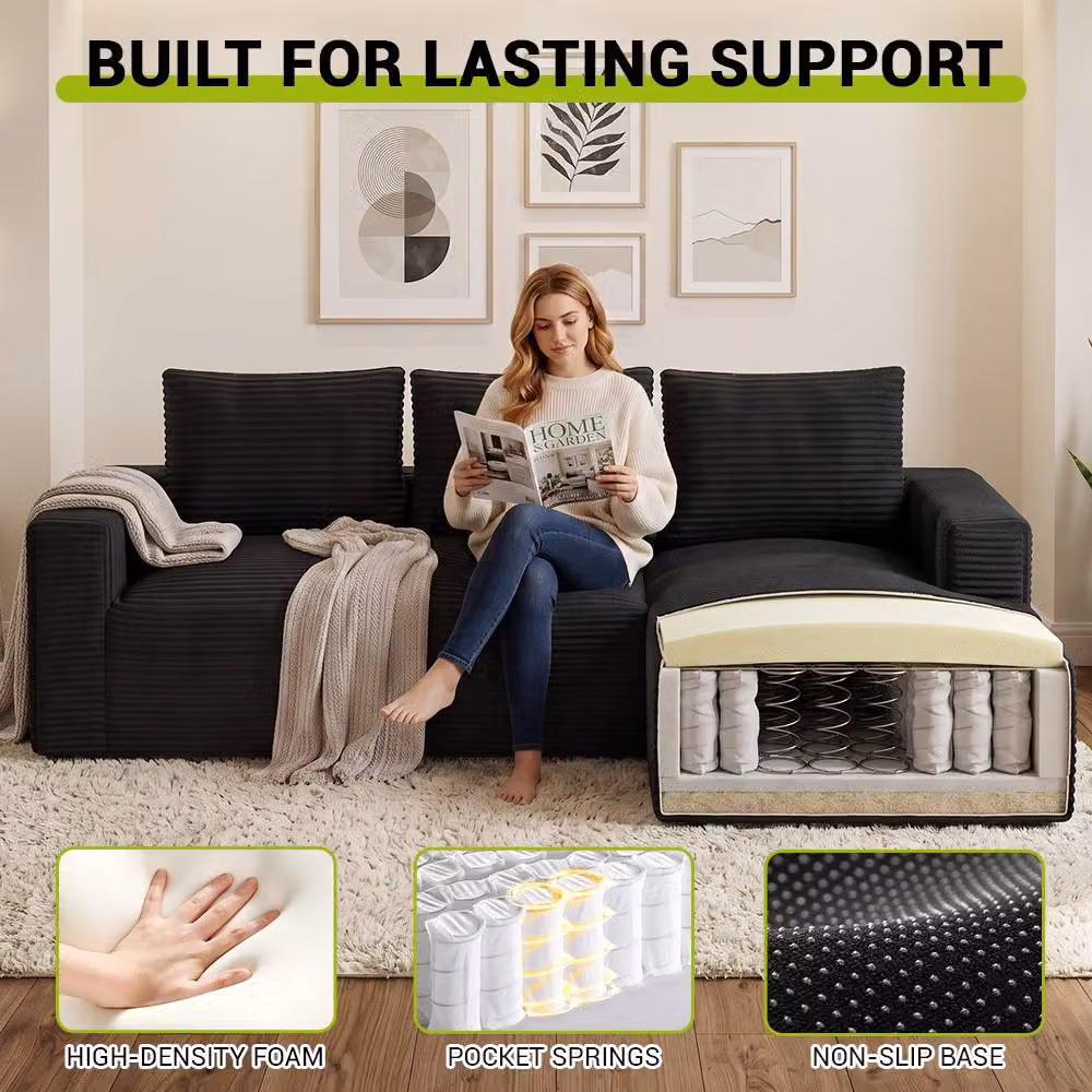 Gartistgo L-Shaped Corduroy Modular Sofa with Reversible Chaise in Black – 4