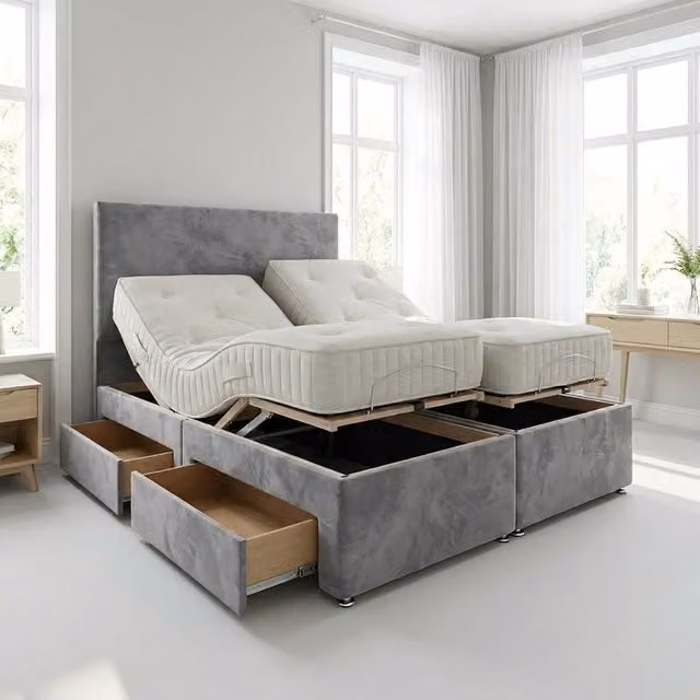 Soft Snooze Beds Heavy Duty Electric Adjustable Hybrid Bed with Headboard and Mattress, Grey, W/D/H: 150 x 200 cm