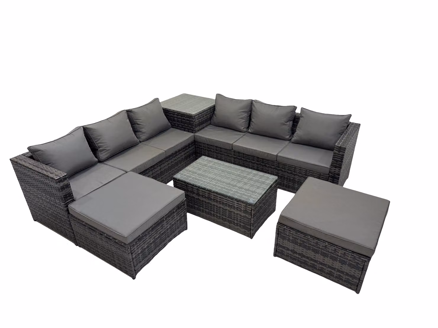 Fimous 8 Seater L-Shape Rattan Garden Furniture Set in Dark Grey with Upholstered Cushions and Matching Ottomans – 2