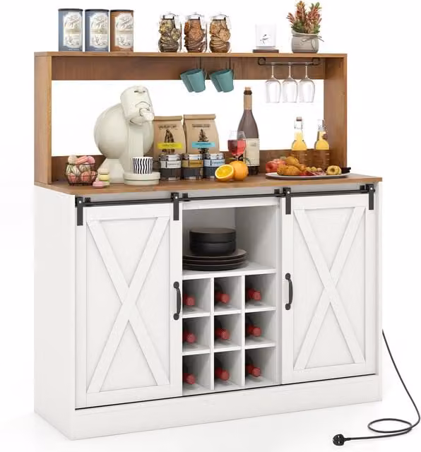 COSTWAY Rustic White Farmhouse Coffee Bar Cabinet with Sliding Glass Doors and Internal Shelving
