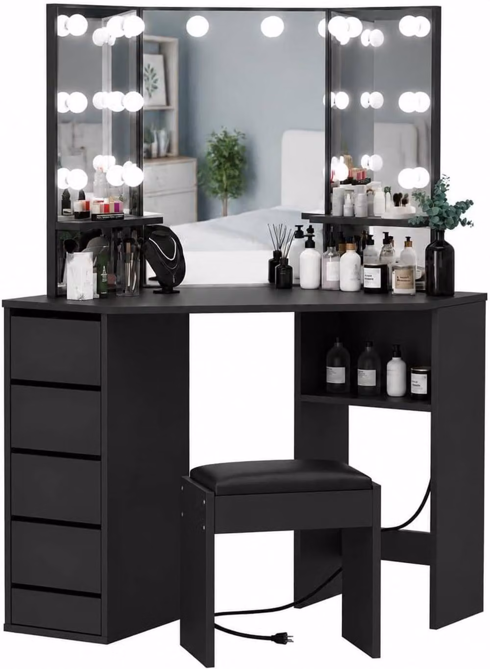London Boutique Corner Dressing Table with LED Mirror and 5 Drawers in Black – 2