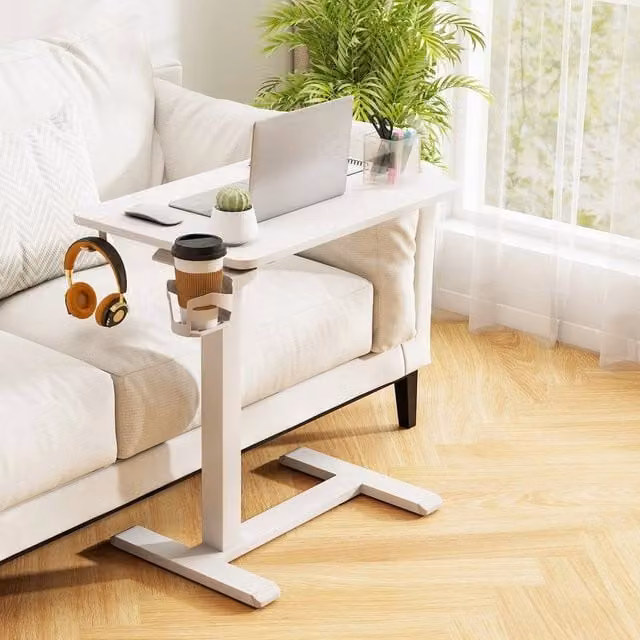 SPETLEK Height Adjustable Overbed Bedside Table with Gas Spring Pneumatic Lift and Castors in White