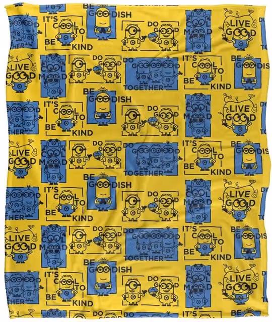 Universal Minions Positivity Squares Pattern Silky Touch Blanket in White and Multicolour, W: 152 cm, D: 127 cm