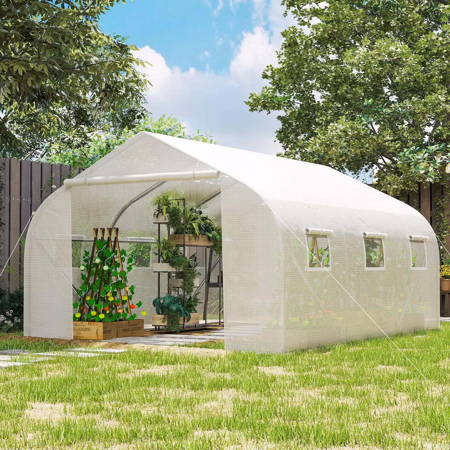 Outsunny White Walk-In Polytunnel Greenhouse with Steel Frame, Roll-Up Door and Windows, W/D/H: 3.5 x 3 x 2 m – 4