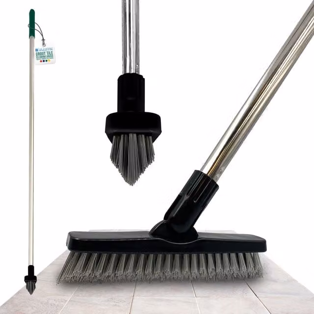 The Dustpan and Brush Store Colour-Coded Angled Grout Brush with Handle Swivel Tile and Corner Scrubber in Green and Yellow