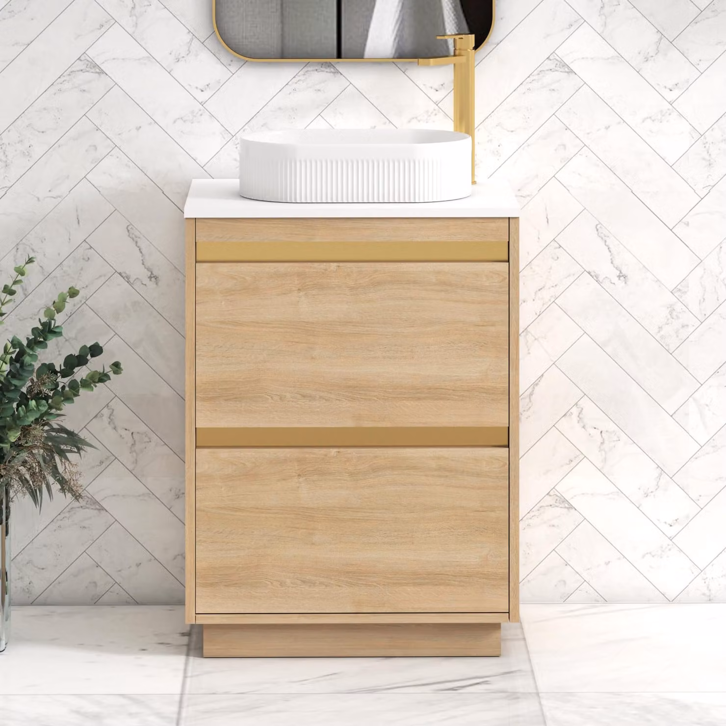 Royal Bathrooms Orion 600mm Natural Oak and Plain White 2 Drawer Floor Standing Vanity Unit with Lyon Basin and Brushed Brass Accent Trim