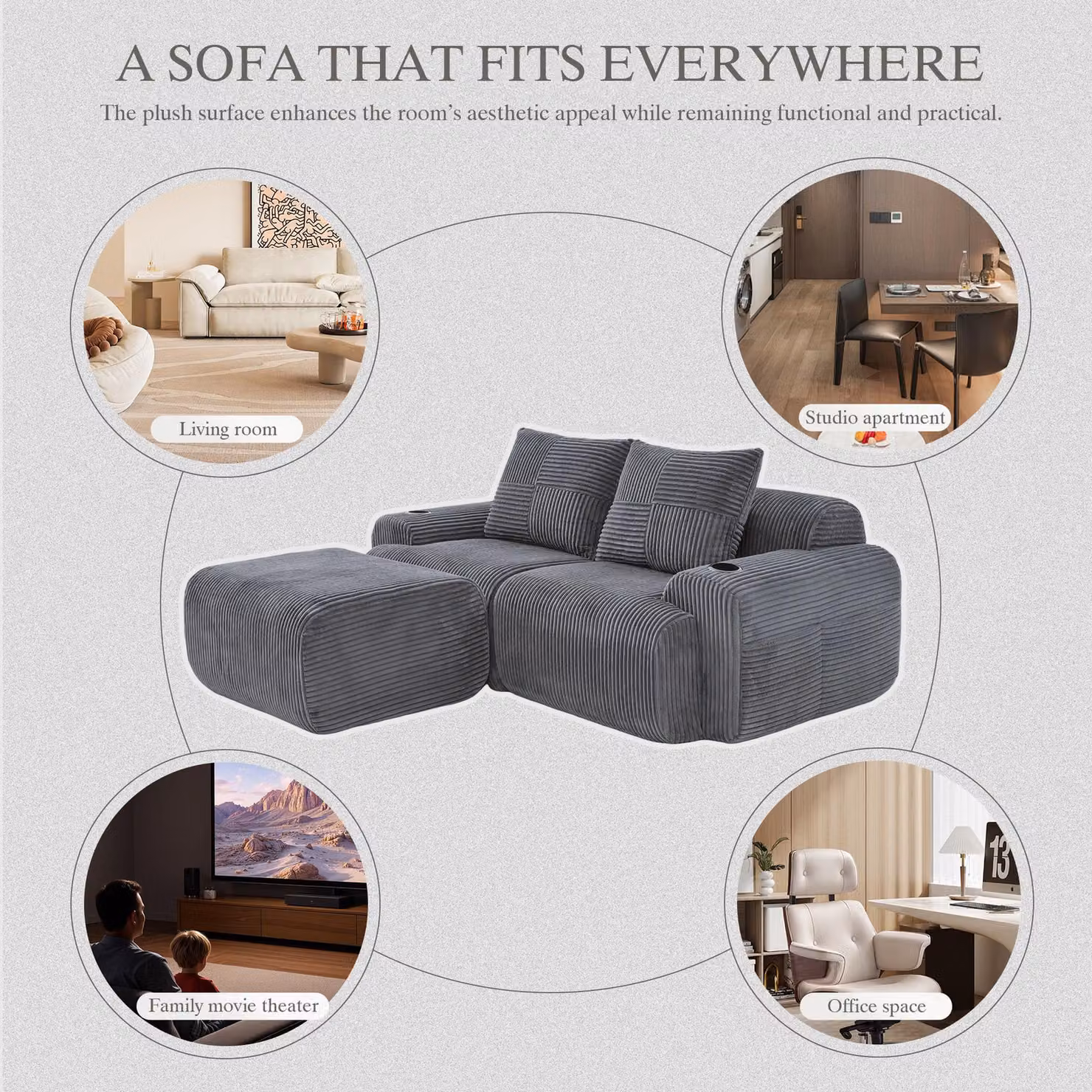 Aosom UK Modular 2-Seater L-Shape Sofa in Dark Grey Corduroy with Foam-Filled Plush Seats and Built-In Cup Holder, W: 174 cm, D: 200 cm, H: 80 cm – 4