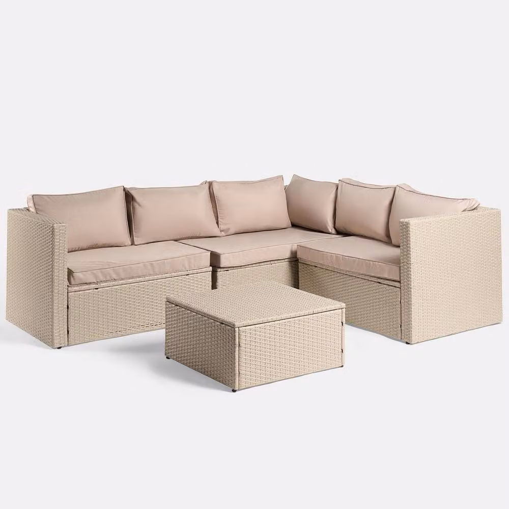 OHS Tuscany 5 Seater L-Shape Rattan Garden Sofa Set with Coffee Table in Natural Sand – 5