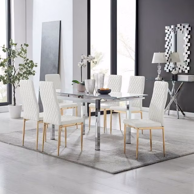 Furniturebox Enna White Glossy Glass Extending Dining Table and 6 Milan Chairs with Gold Legs