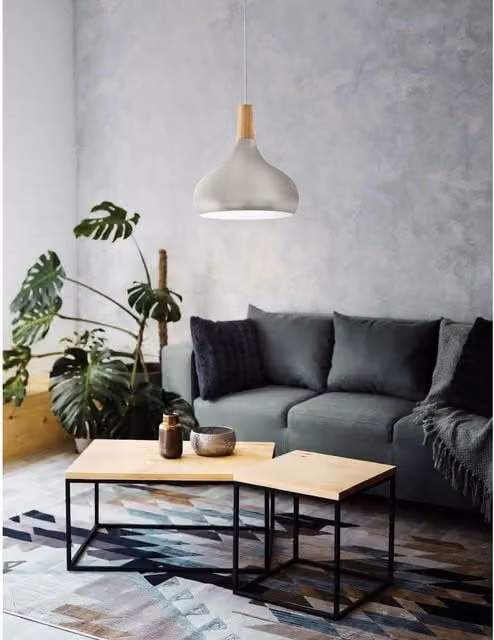 Eglo Sabinar Single Pendant Light in Silver and Wood, H 110 cm