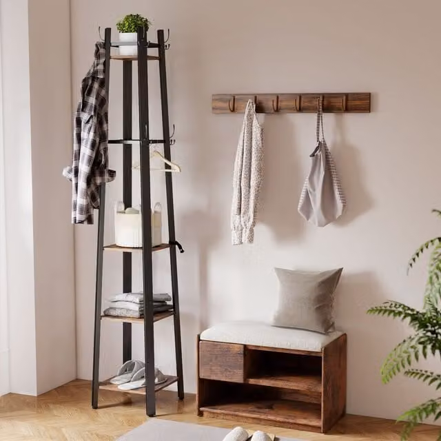 HOMCOM Industrial Coat Stand with 4 Storage Shelves and 8 Hooks in Brown and Black