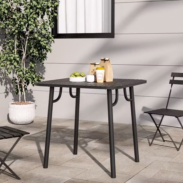 Livingandhome Modern Matt Black Metal Outdoor Garden Table, Width: 80 cm