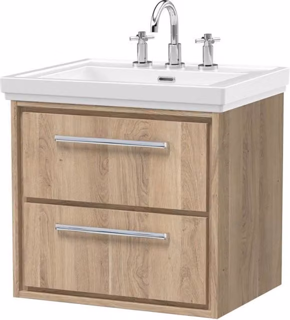 Balterley Longnor 2 Drawer Wall Hung Vanity Basin Unit, Light Oak Brown, W: 60 cm, D: 60.5 cm, H: 60 cm – 1