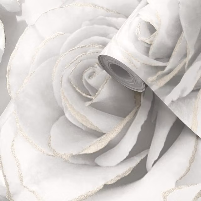 Muriva Grey Botanical Floral Wallpaper with White Flowers and Silver Glitter Shimmer