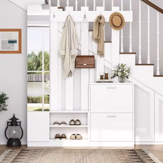 ModernLuxe Hall Tree with Mirror, Shoe Rack, Storage Cabinet and 5 Hooks in White, H 180 x W 135 x D 45 cm