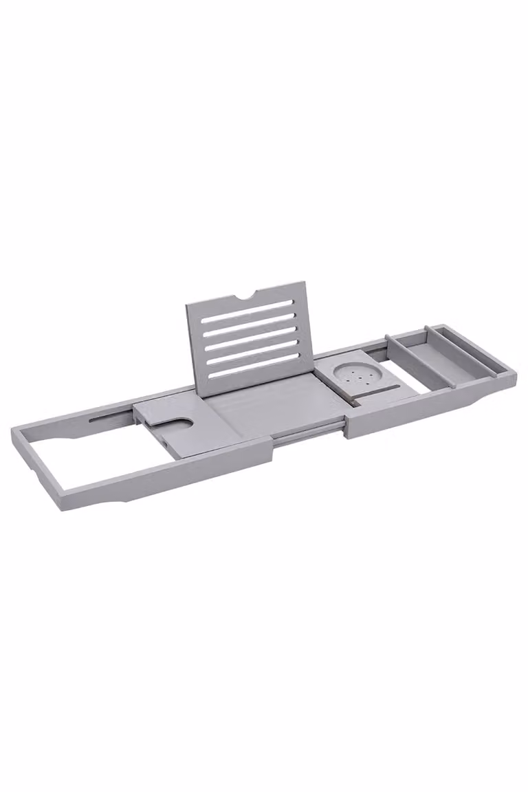 Living and Home Rustic Expandable Bamboo Wooden Bathtub Caddy Tray in Grey
