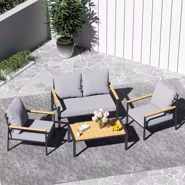BIRCHTREE 4-Seater Modern Wood Garden Furniture Set with Coffee Table in Grey